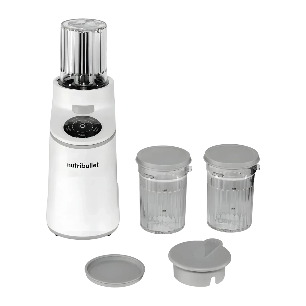 Sorbetière NutriBullet Chill 0,47L 500W Blanc NBD0503W, détail: base, deux bols transparents avec couvercles gris