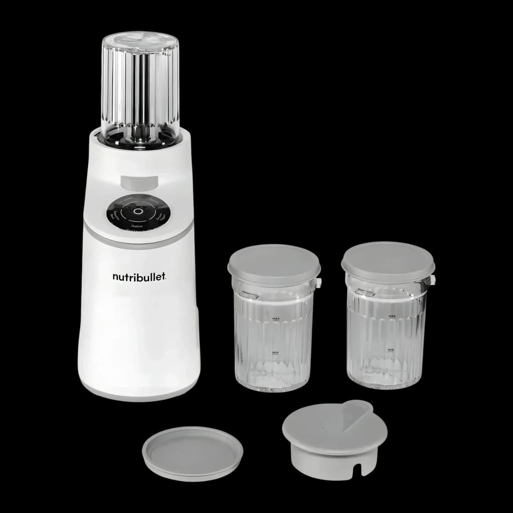 Sorbetière NutriBullet Chill 0,47L 500W Blanc NBD0503W, détail: base, deux bols transparents avec couvercles gris