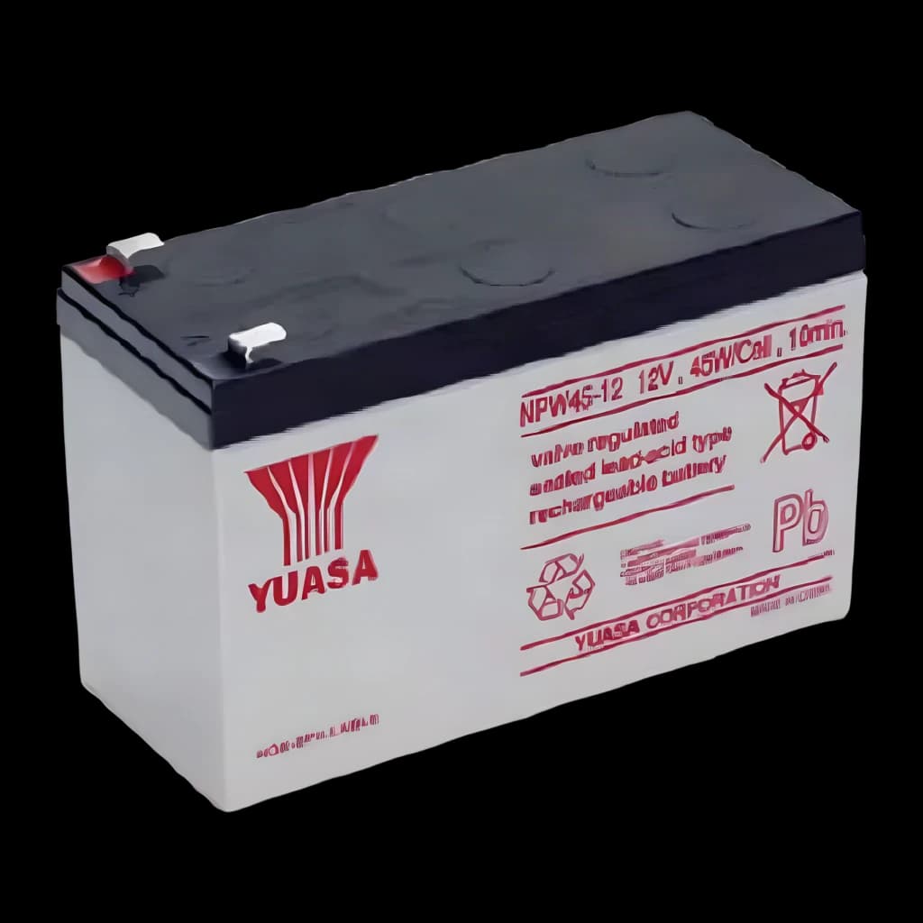 Bateria para UPS PowerWalker Yuasa NPW45-12 Preto, vista frontal: corpo cinza com tampa preta, logótipo Yuasa vermelho