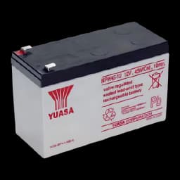 Bateria para UPS PowerWalker Yuasa NPW45-12 Preto, vista frontal: corpo cinza com tampa preta, logótipo Yuasa vermelho