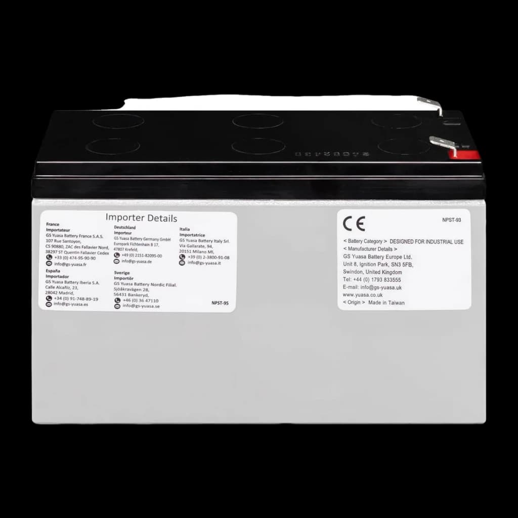 Bateria para UPS PowerWalker Yuasa NPW45-12 Preto, vista traseira: etiqueta com dados do importador e marcação CE