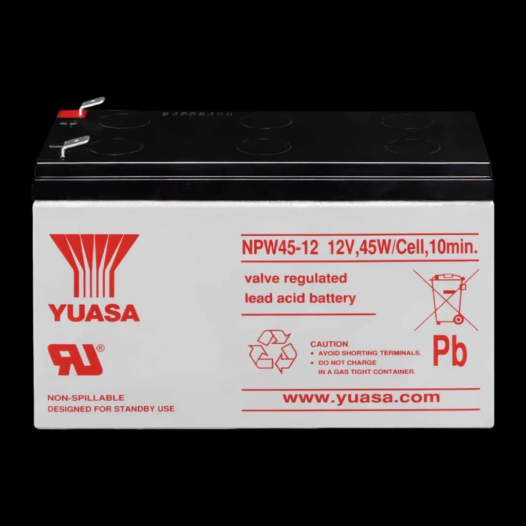 Bateria para UPS PowerWalker Yuasa NPW45-12 Preto, detalhe: etiqueta frontal com modelo NPW45-12 12V e terminais na tampa