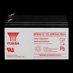 Bateria para UPS PowerWalker Yuasa NPW45-12 Preto, detalhe: etiqueta frontal com modelo NPW45-12 12V e terminais na tampa