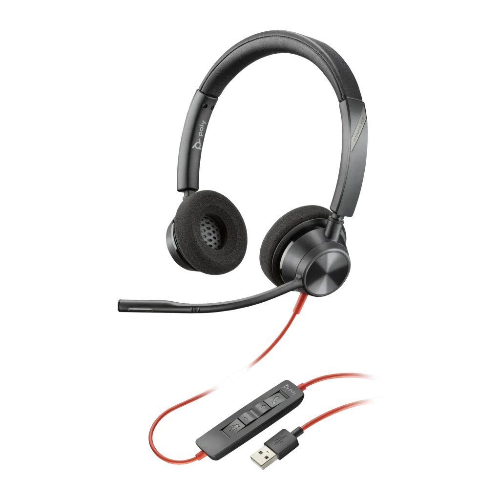 Casque Poly Blackwire 3320 USB-A Supra-aural Noir, vue de face: arceau binaural avec micro-boom, câble rouge et télécommande