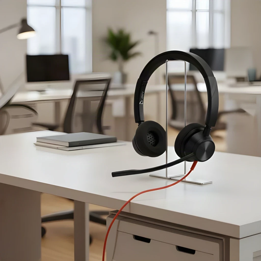 Casque Poly Blackwire 3320 USB-A Supra-aural Noir, en utilisation: sur support de bureau, microphone et câble rouge visibles