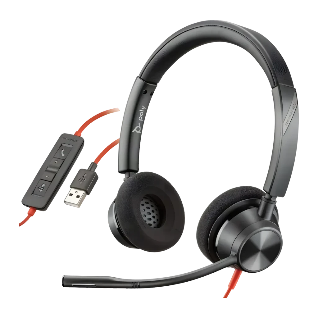 Casque Poly Blackwire 3320 USB-A Supra-aural Noir, détail: câble rouge, télécommande en ligne avec boutons et connecteur