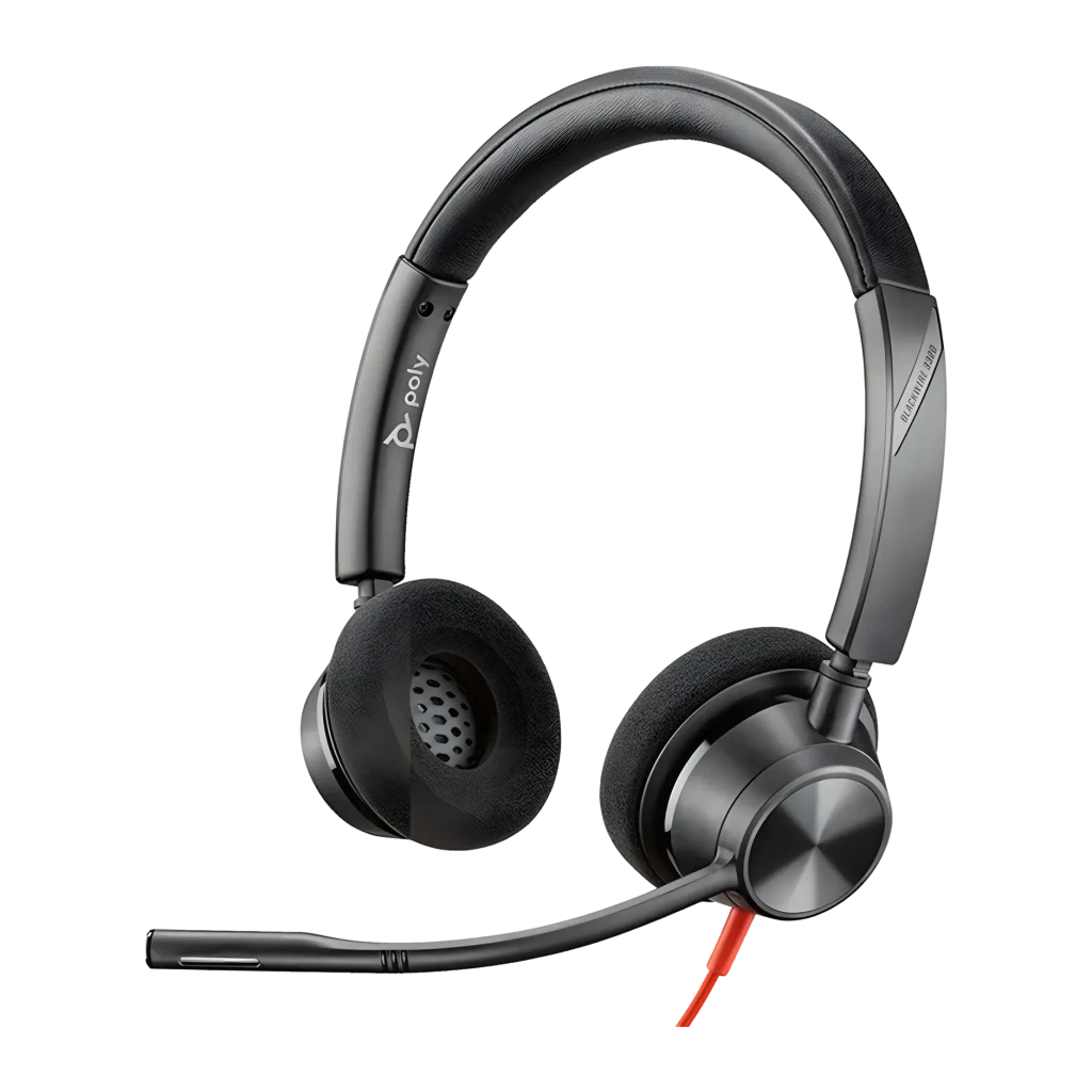 Casque Poly Blackwire 3320 USB-A Supra-aural Noir, détail: coussinets, bras micro flexible et câble rouge visibles