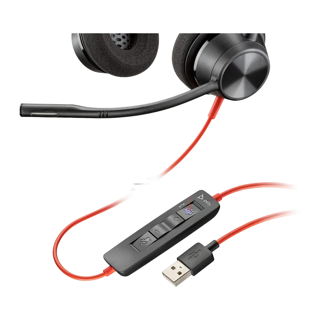 Casque Poly Blackwire 3320 USB-A Supra-aural Noir, détail: micro-boom, télécommande en ligne avec boutons et connecteur