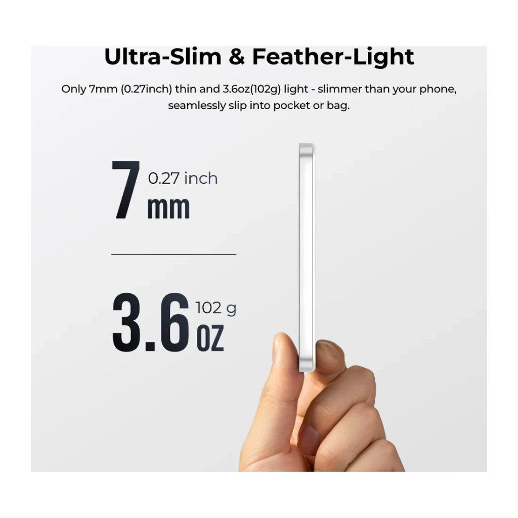 Flextail Zero Power Metal 5000mAh Plata Magnético Cable integrado 5V/1,6A, perfil lateral: mano sostiene el canto, grosor
