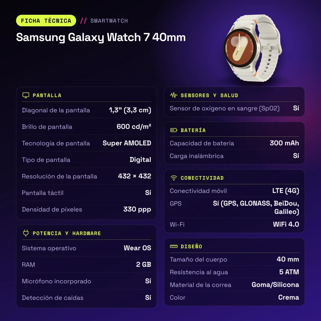 Samsung Galaxy Watch 7 40mm Crema LTE - características
