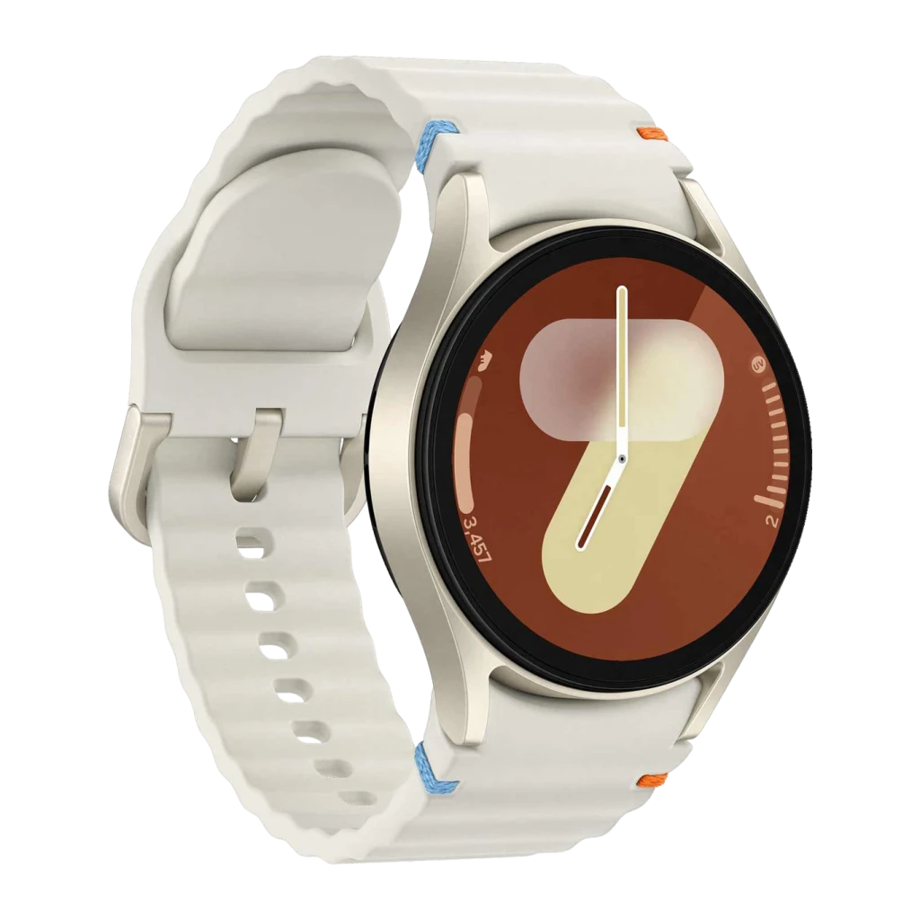 Samsung Galaxy Watch 7 40mm Crema LTE, detalle: correa con costuras azules y naranjas, esfera con dígito 7 en marrón