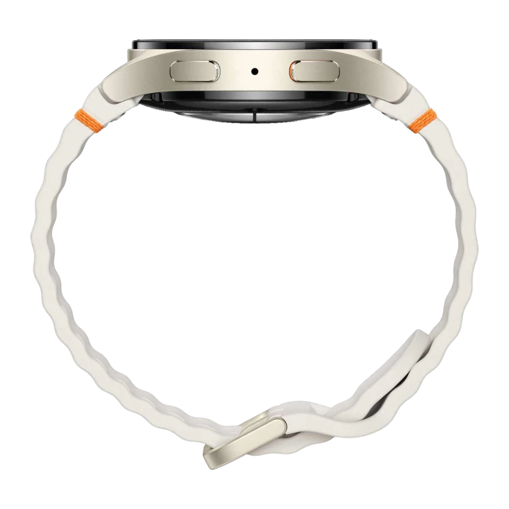 Samsung Galaxy Watch 7 40mm Crema LTE, detalle lateral: caja dorada con dos botones y correa blanca ondulada con acento