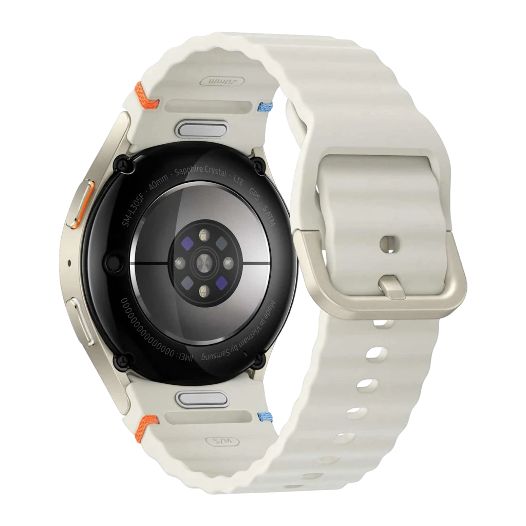 Samsung Galaxy Watch 7 40mm Crema LTE, vista trasera: sensor de salud circular, correa con detalles naranja y azul