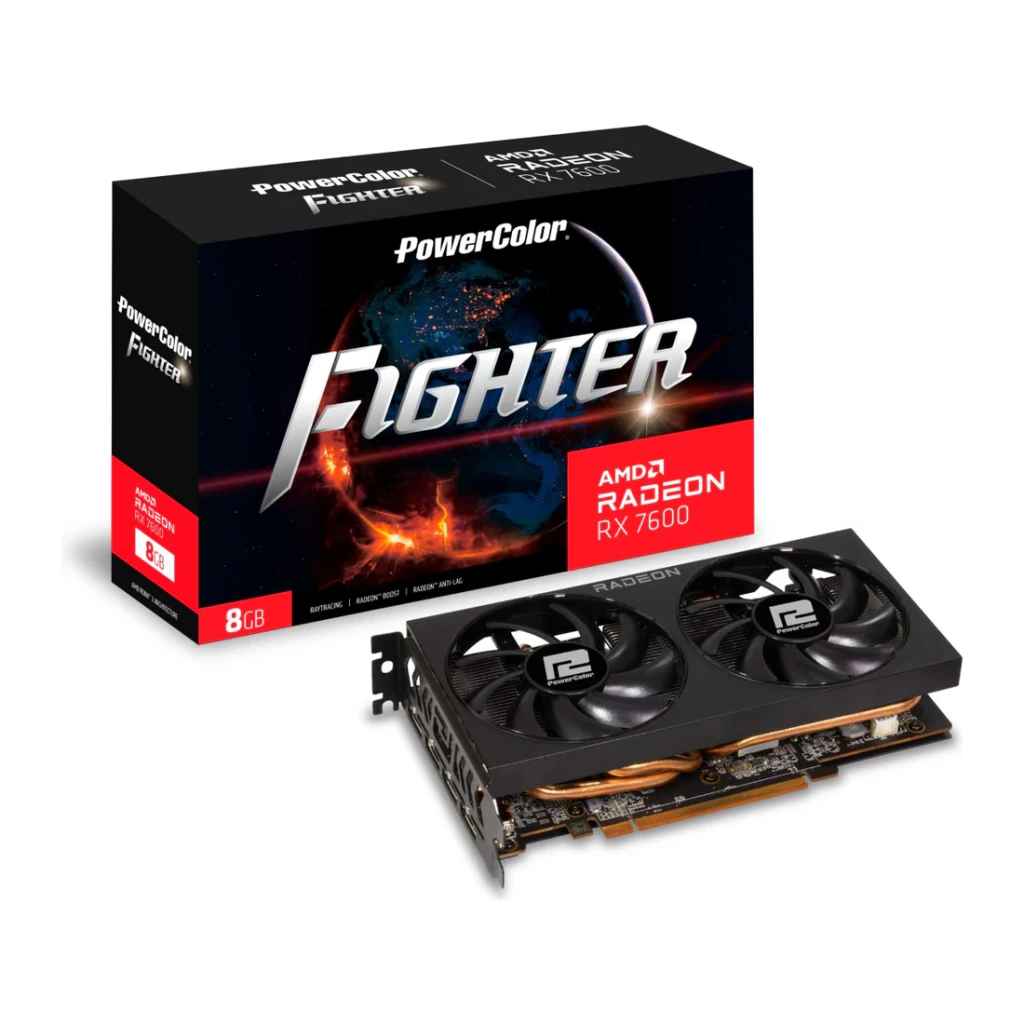 PowerColor Fighter Radeon 8 Go GDDR6 Noir RX 7600, contenu de la boîte: carte double ventilateur et boîte Fighter