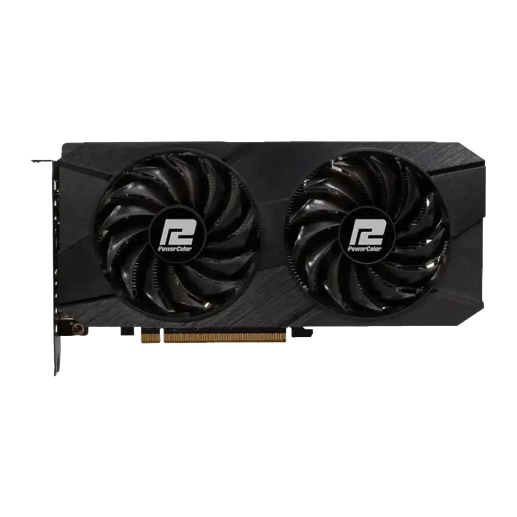 PowerColor Fighter Radeon 8 Go GDDR6 Noir RX 7600, vue de face: deux ventilateurs logo PowerColor sur dissipateur noir