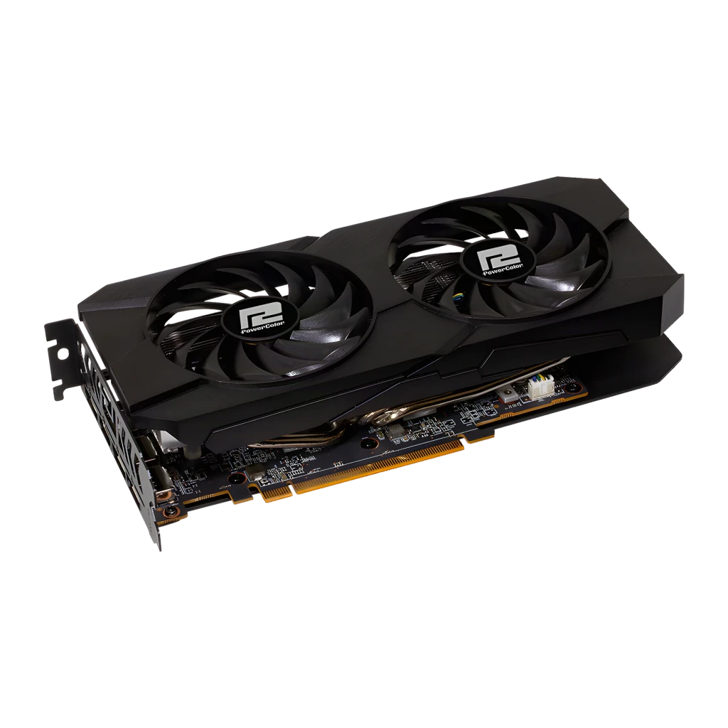 PowerColor Fighter Radeon 8 Go GDDR6 Noir RX 7600, détail: vue en angle avec double ventilateur et connecteur PCIe visibles