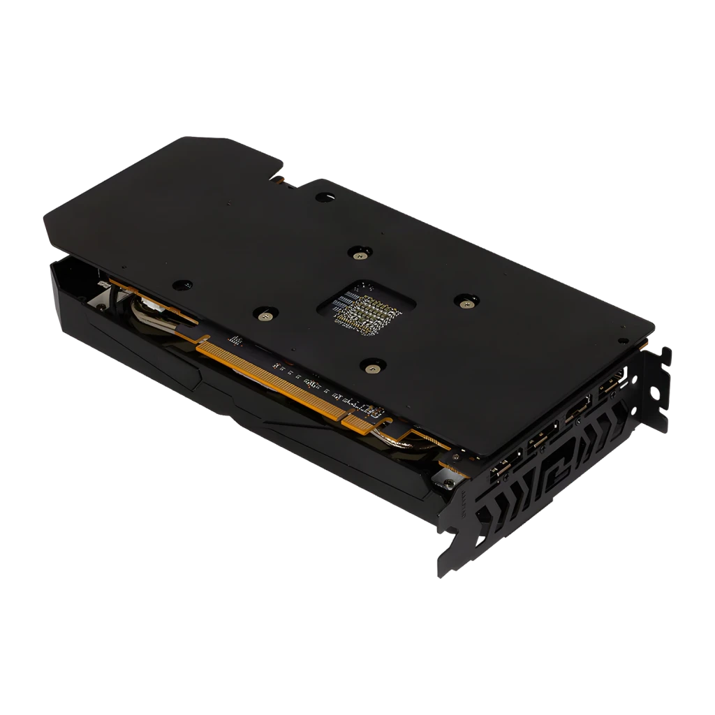 PowerColor Fighter Radeon 8 Go GDDR6 Noir RX 7600, vue arrière: backplate noir, connecteur PCIe doré et équerre avec sorties