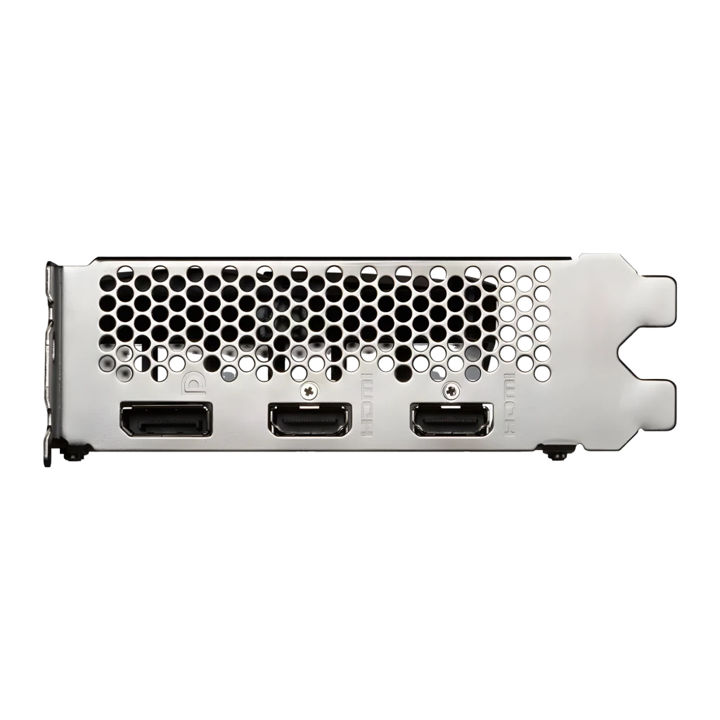 PowerColor Fighter Radeon 8 Go GDDR6 Noir RX 7600, détail: équerre arrière avec 1 DisplayPort et 2 HDMI sur panneau