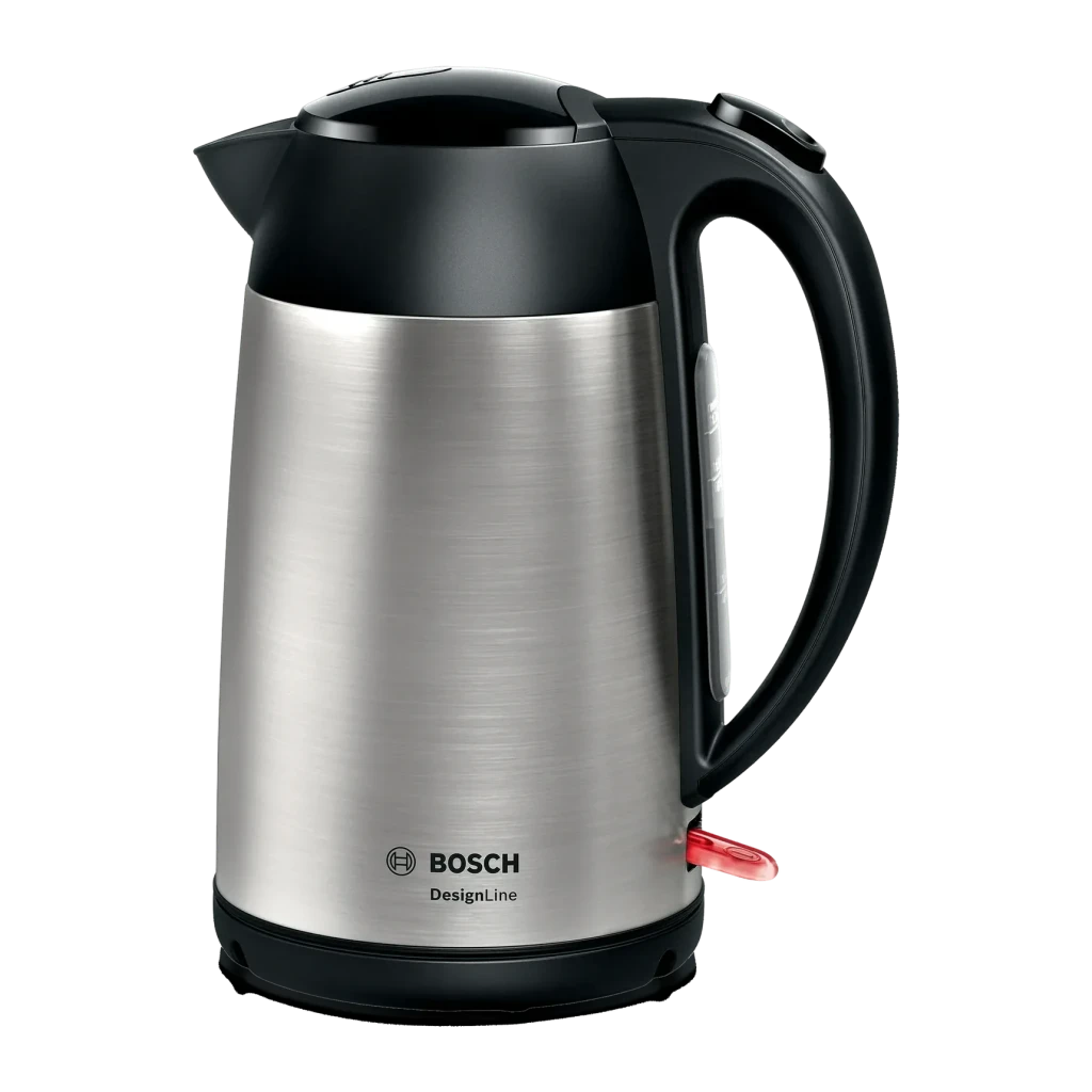 Hervidor eléctrico Bosch DesignLine 1,7L 2400W Acero Inoxidable TWK3P420, vista frontal: cuerpo cepillado, tapa y asa