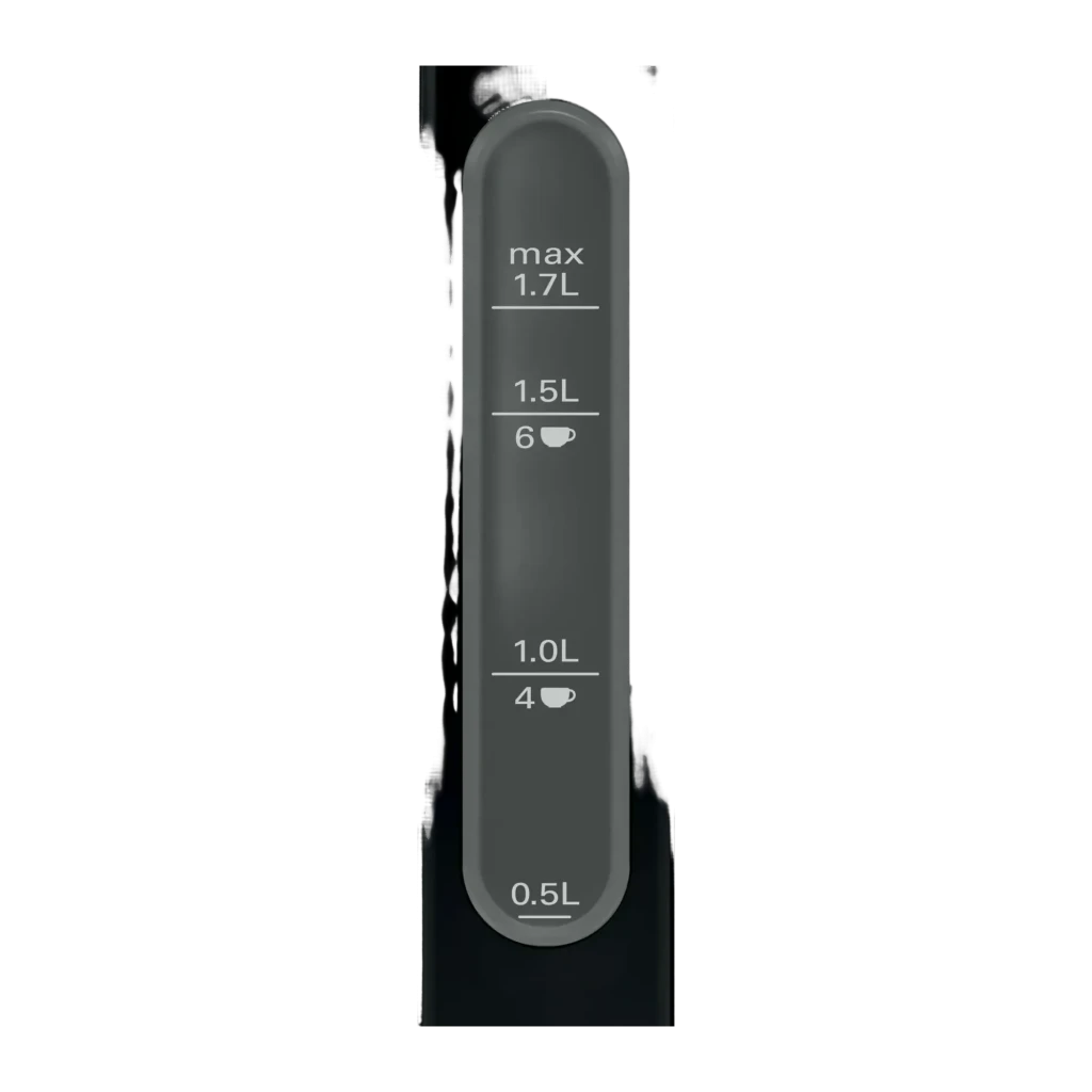Hervidor eléctrico Bosch DesignLine 1,7L 2400W Acero Inoxidable TWK3P420, detalle: visor de nivel con marcas 0,5L, 1,0L