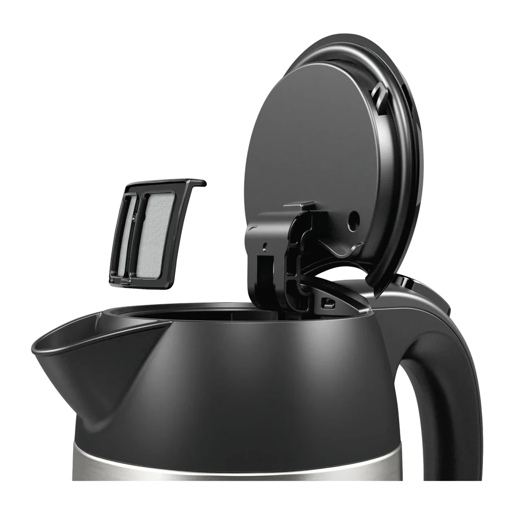 Hervidor eléctrico Bosch DesignLine 1,7L 2400W Acero Inoxidable TWK3P420, detalle: tapa abierta y filtro antical extraíble
