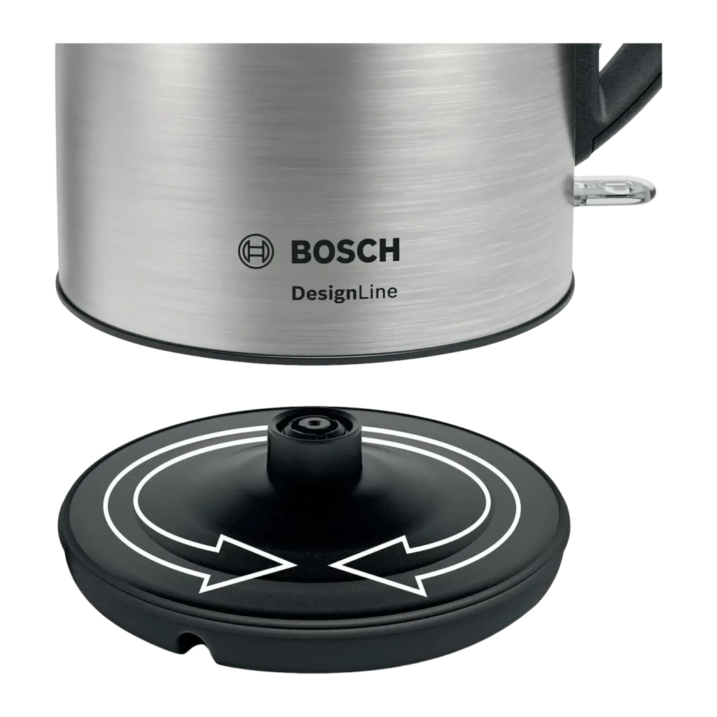 Hervidor eléctrico Bosch DesignLine 1,7L 2400W Acero Inoxidable TWK3P420, detalle: base giratoria 360° con flechas y cuerpo