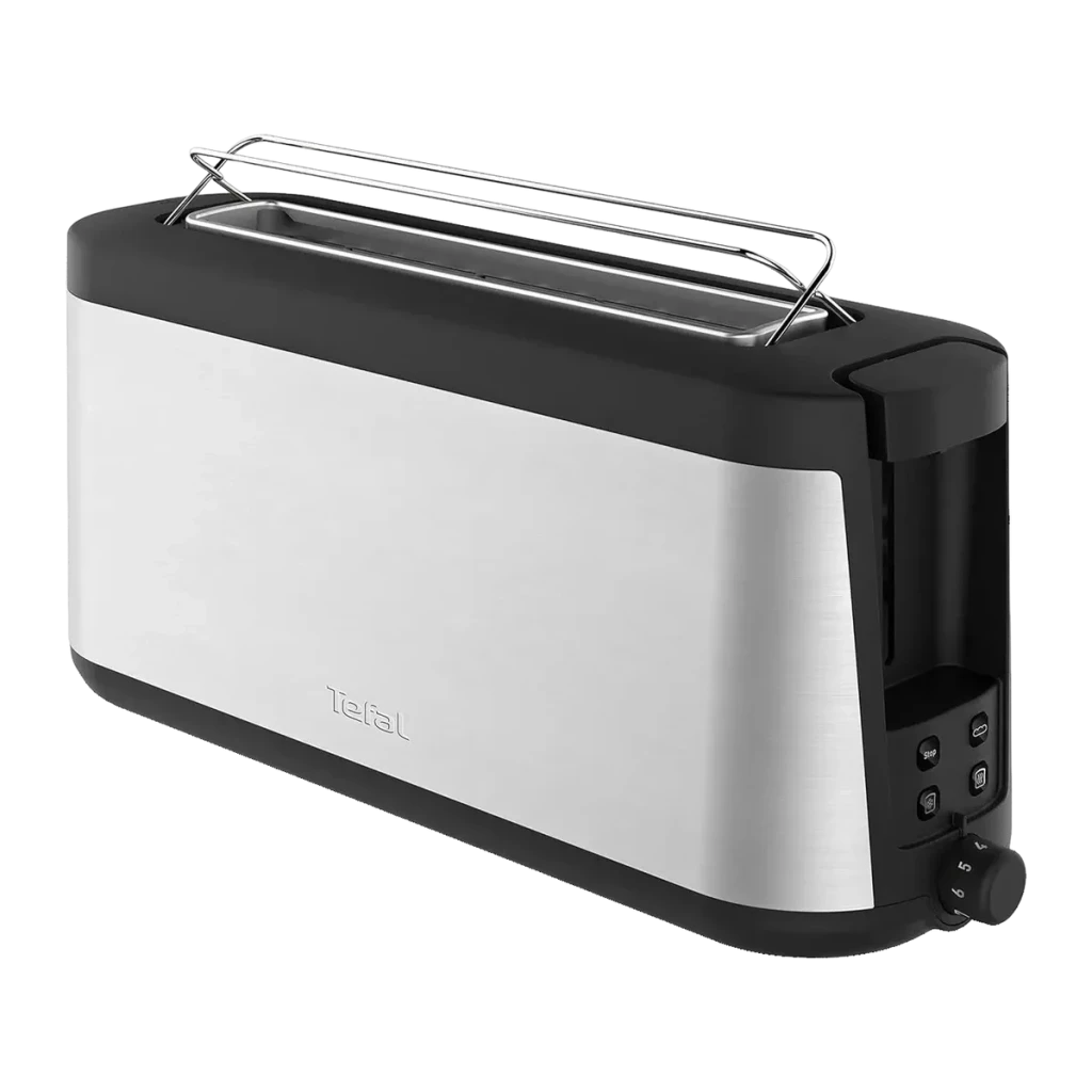 Torradeira Tefal Element 1000W 2 Fatias Preto TL4308, detalhe lateral: corpo inox escovado, grelha aquecedora e botões