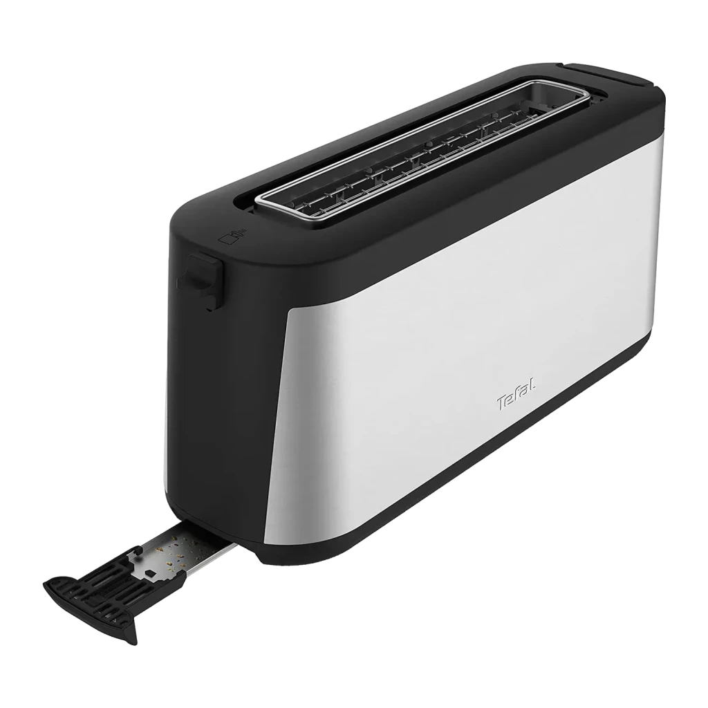 Torradeira Tefal Element 1000W 2 Fatias Preto TL4308, detalhe: bandeja de migalhas aberta, lateral em aço escovado e fenda