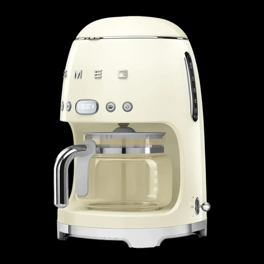 Cafetière filtre SMEG 50's Style 1,4L 1050W Crème DCF02CREU, détail: écran LCD, boutons chromés et verseuse graduée en verre