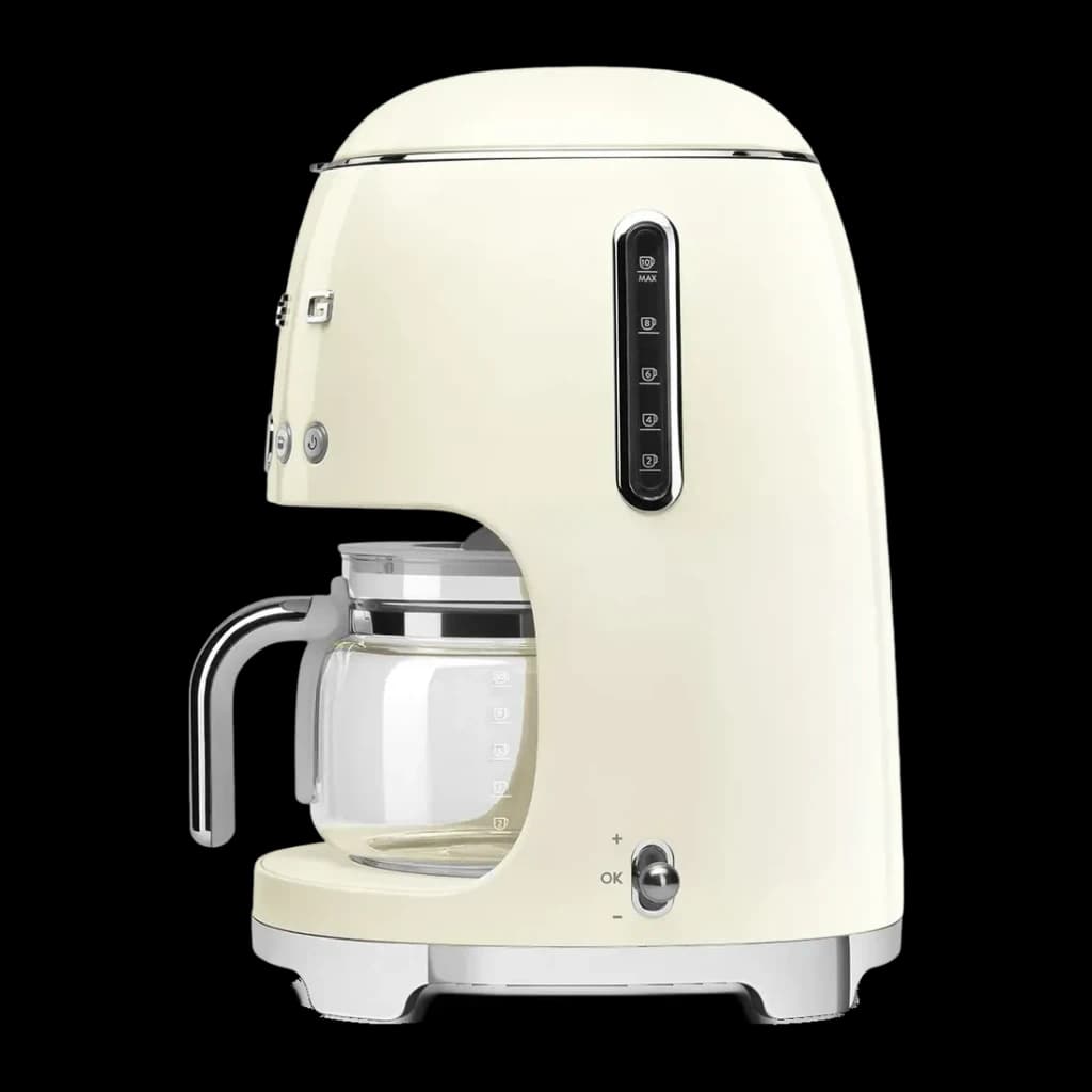 Cafetière filtre SMEG 50's Style 1,4L 1050W Crème DCF02CREU, détail latéral: indicateur de tasses, carafe en verre et bouton