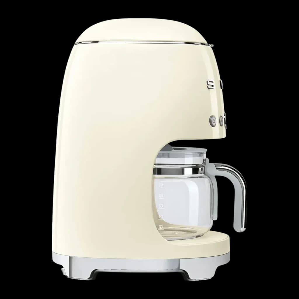 Cafetière filtre SMEG 50's Style 1,4L 1050W Crème DCF02CREU, vue arrière: corps lisse crème, logo chromé et verseuse