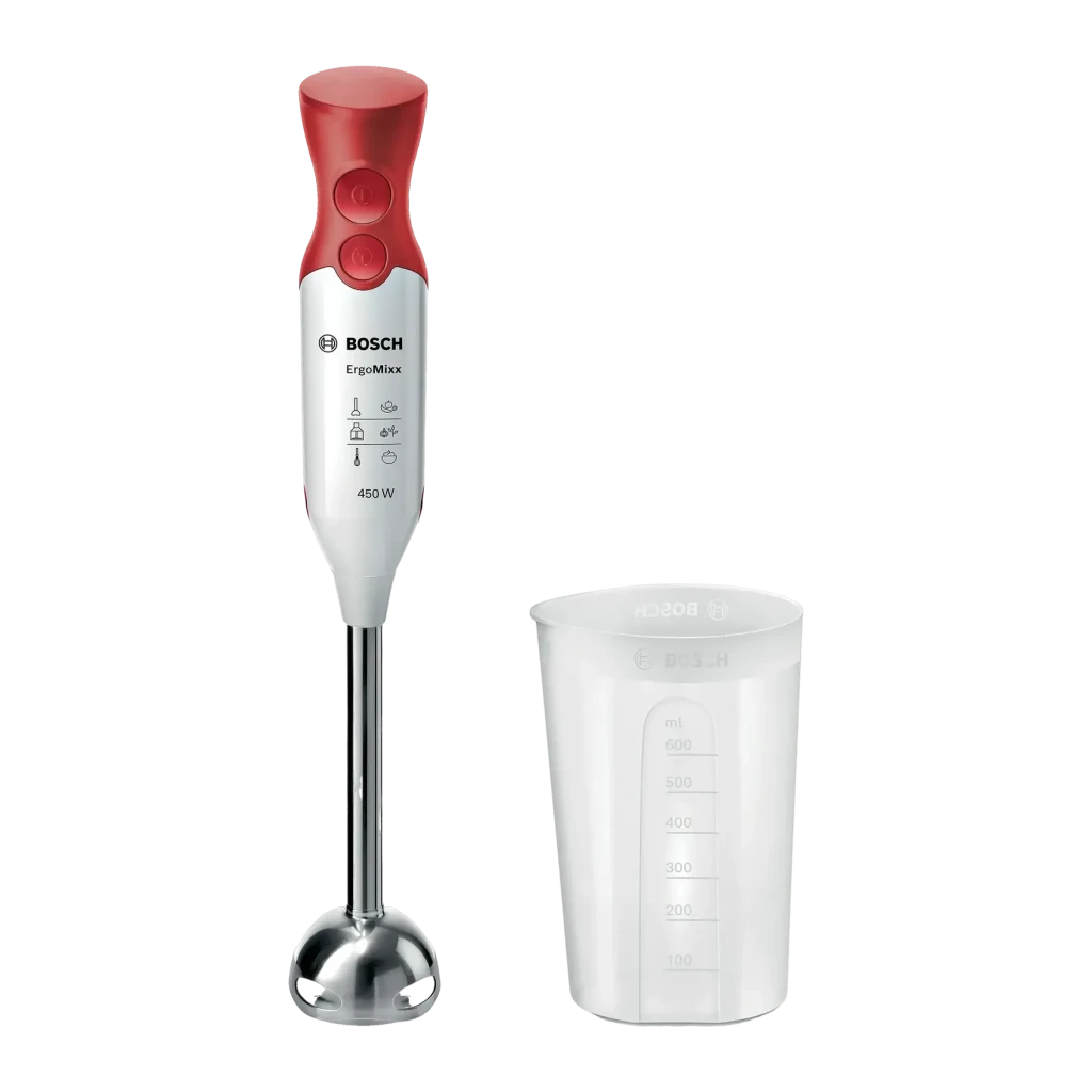 Batidora de mano Bosch ErgoMixx 450W 2 velocidades Rojo MSM64110, vista frontal: cuerpo blanco y rojo con 2 botones, varilla
