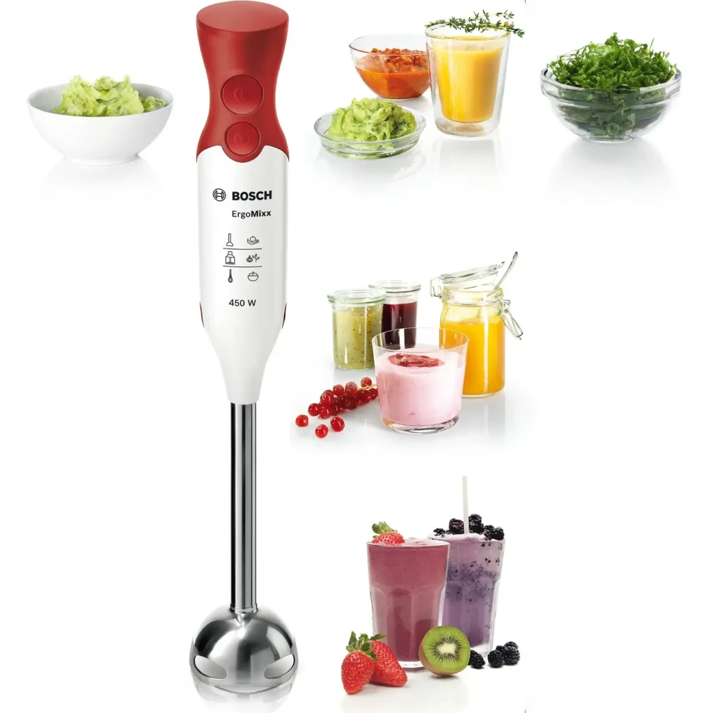 Batidora de mano Bosch ErgoMixx 450W 2 velocidades Rojo MSM64110, en uso: varilla inox y recetas de smoothies, salsas y purés