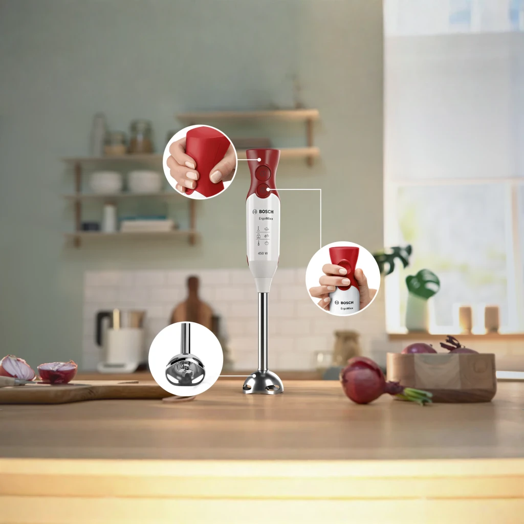 Batidora de mano Bosch ErgoMixx 450W 2 velocidades Rojo MSM64110, en uso: sobre encimera de cocina con detalles del mango