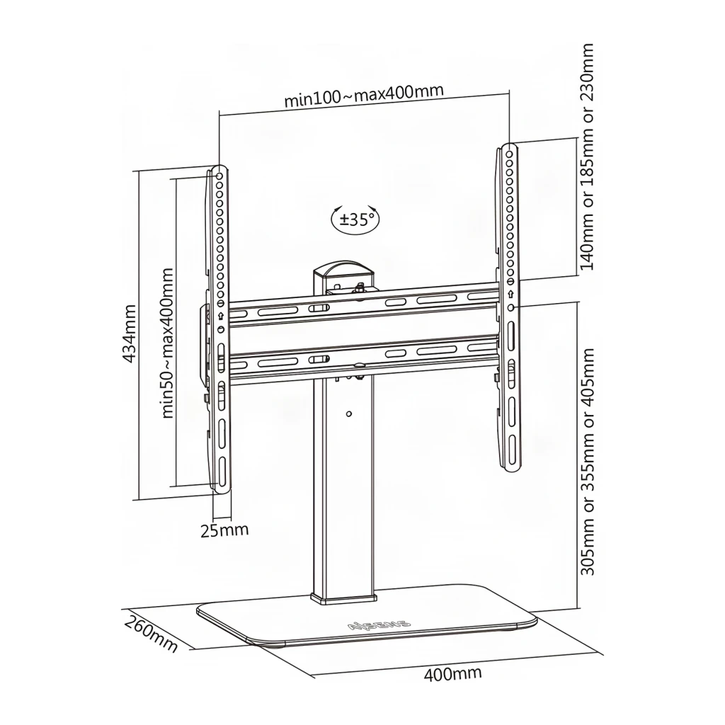 Soporte de mesa AISENS ECO Giratorio 32-55 pulgadas Negro VESA 400x400mm, diagrama técnico: cotas de altura, anchura, base