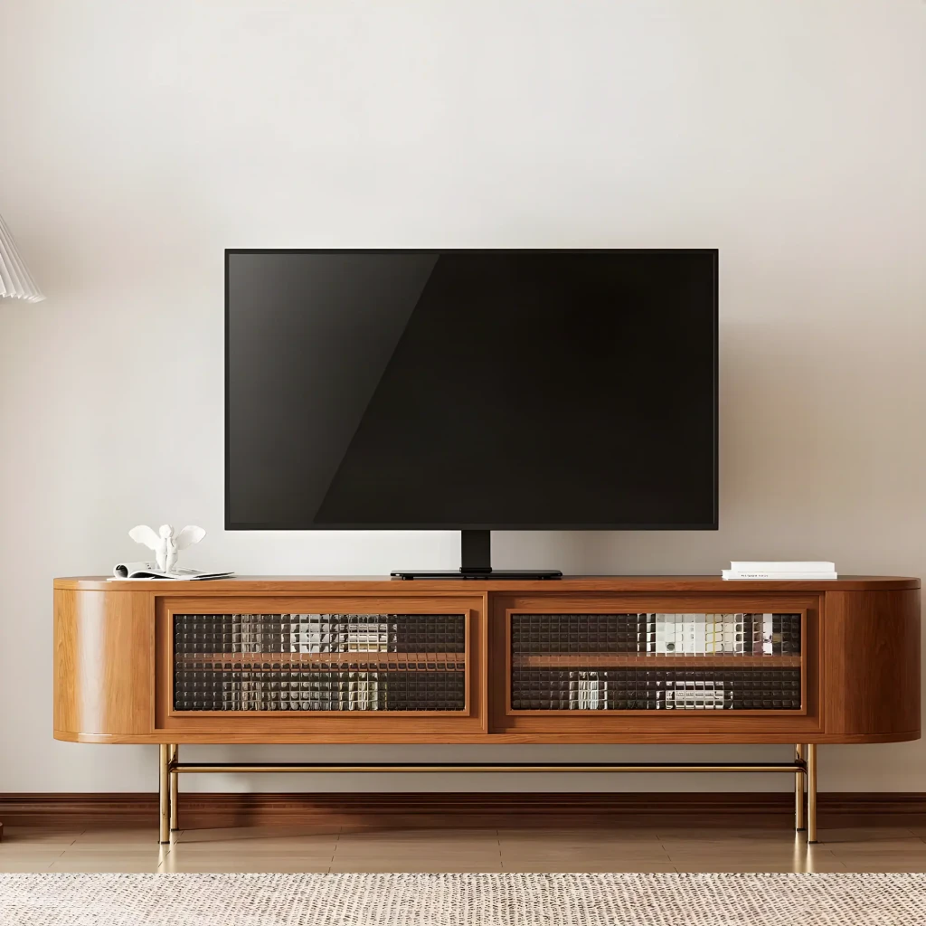 Soporte de mesa AISENS ECO Giratorio 32-55 pulgadas Negro VESA 400x400mm, en uso: TV grande sobre mueble de madera en salón