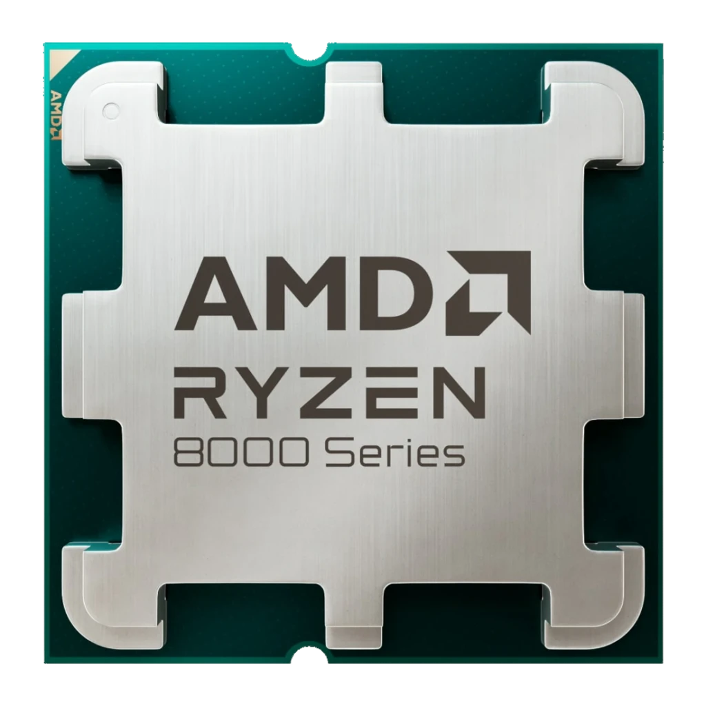 AMD Ryzen 5 8400F Tray 6 Núcleos AM5, detalle: IHS metálico cepillado con logo AMD Ryzen 8000 Series y sustrato verde AM5