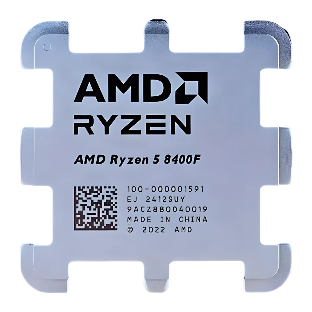 AMD Ryzen 5 8400F Tray 6 Núcleos AM5, detalle: IHS plateado con logo AMD Ryzen, modelo grabado y código QR visibles