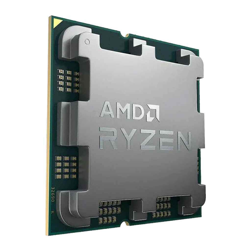 AMD Ryzen 5 8400F Tray 6 Núcleos AM5, detalle: IHS metálico con grabado AMD Ryzen en perspectiva angular, PCB verde visible