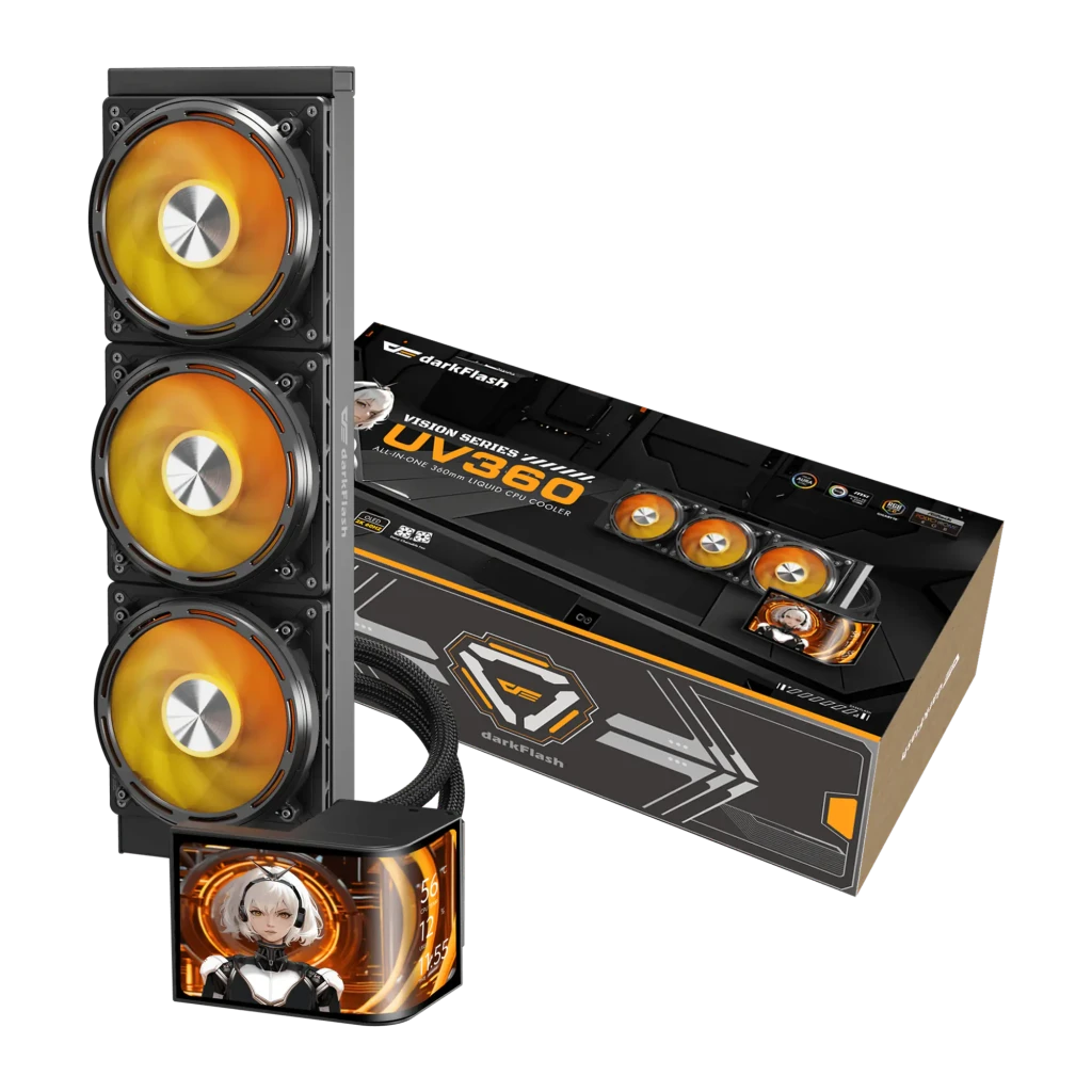 Refrigeración Líquida Darkflash UV360 360mm Negro, contenido de la caja: radiador con 3 ventiladores RGB naranja, cabezal