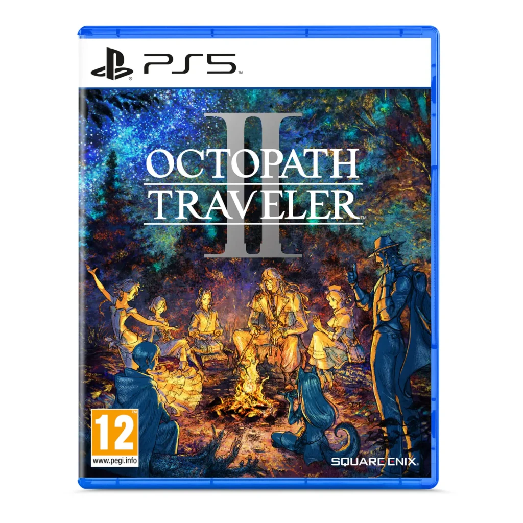 Videojuego Square Enix Octopath Traveler II Estándar PS5, vista frontal: caja azul PS5 con ocho personajes alrededor