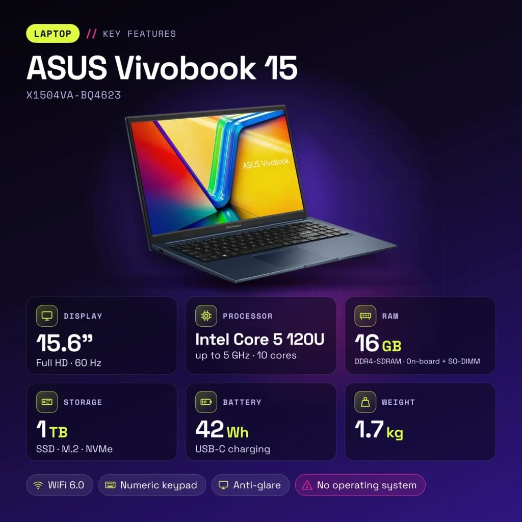 Portátil ASUS Vivobook 15 16GB/1TB SSD 15.6 pulgadas FHD Intel Core 5 120U NVMe PCIe 4.0 Sin Sistema Operativo Azul X1504VA-BQ4623 - características