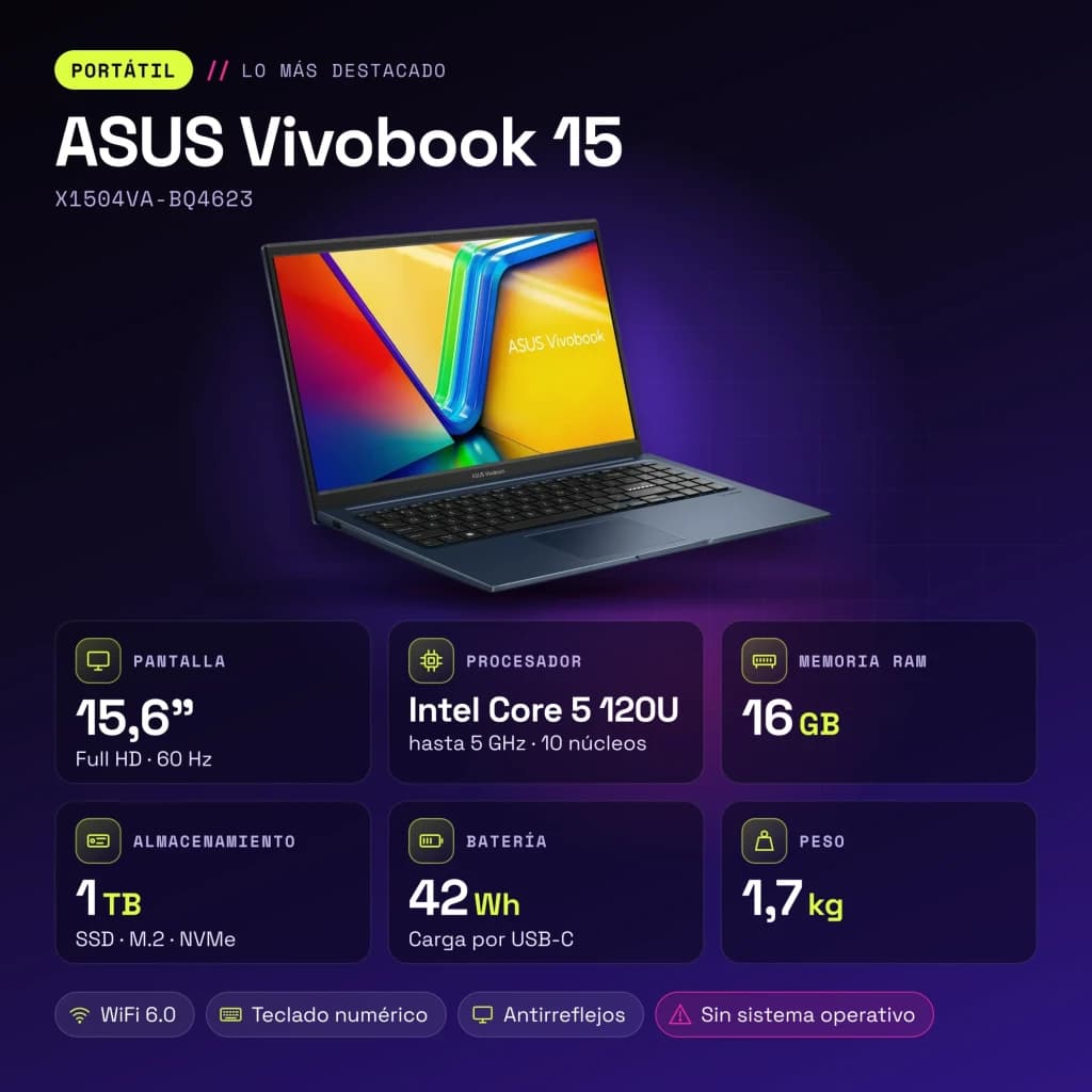 Portátil ASUS Vivobook 15 16GB/1TB SSD 15.6 pulgadas FHD Intel Core 5 120U NVMe PCIe 4.0 Sin Sistema Operativo Azul X1504VA-BQ4623 - características