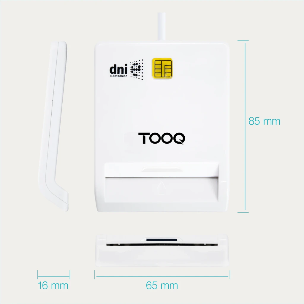 Lecteur de cartes TooQ TQR-210W USB 2.0 DNIe 3.0 Blanc, vue dessus avec dimensions: 85x65x16 mm, fente et logo DNIe