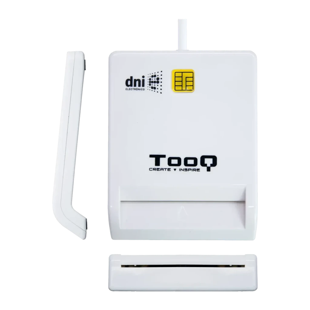 Lecteur de cartes TooQ TQR-210W USB 2.0 DNIe 3.0 Blanc, détail: face avant avec logo dni electrónico, icône puce jaune