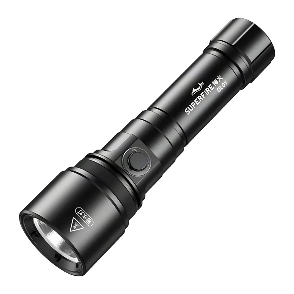 Lanterna LED Superfire DL01 Preto Recarregável 1400 lúmens 270 m, vista frontal: corpo alumínio preto, logo, botão lateral