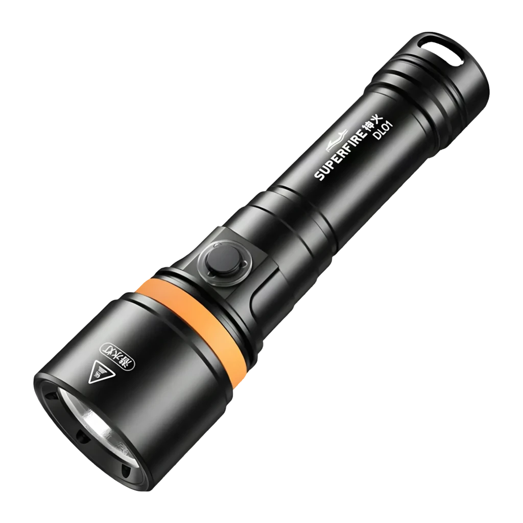 Lanterna LED Superfire DL01 Preto Recarregável 1400 lúmens 270 m, detalhe: corpo preto com anel laranja, botão lateral