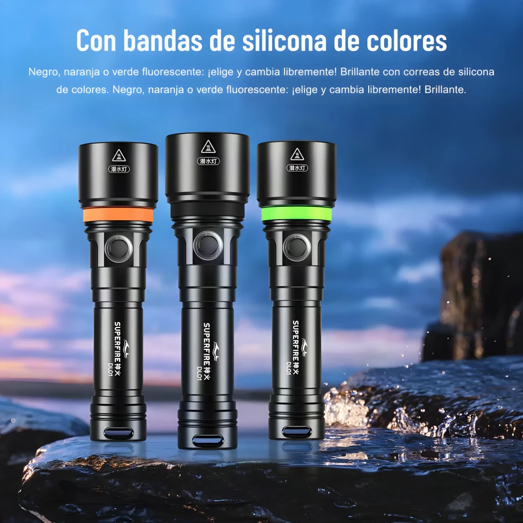Lanterna LED Superfire DL01 Preto Recarregável 1400 lúmens 270 m, variantes: três unidades com bandas de silicone laranja