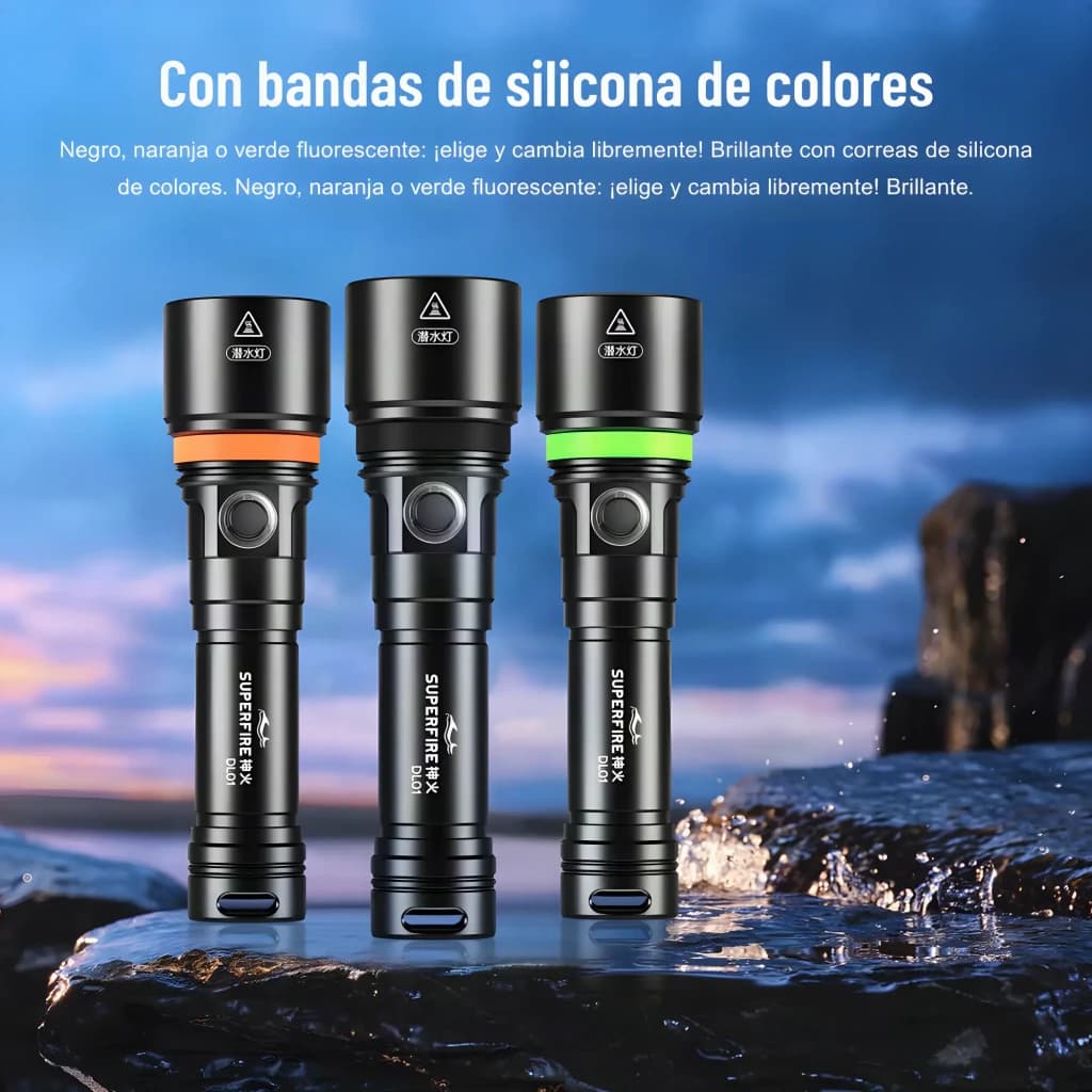 Lanterna LED Superfire DL01 Preto Recarregável 1400 lúmens 270 m, variantes: três unidades com bandas de silicone laranja