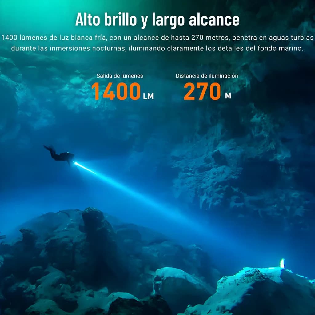 Lanterna LED Superfire DL01 Preto Recarregável 1400 lúmens 270 m, infográfico: mergulhador iluminando fundo marino a 270 m